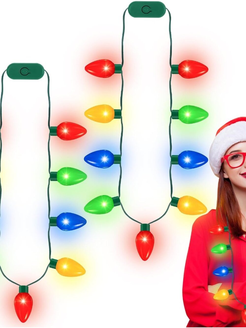 2Pack Christmas Light Necklace 9 LED Bulbs 3 Flash Modes Ugly Sweater Light